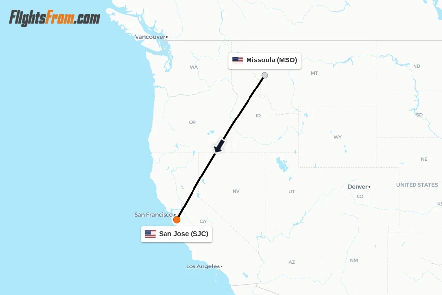 Flights from Missoula to San Jose route map