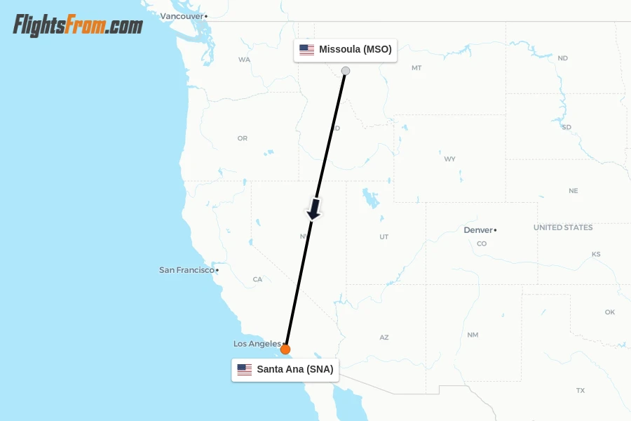 Flights from Missoula to Santa Ana route map