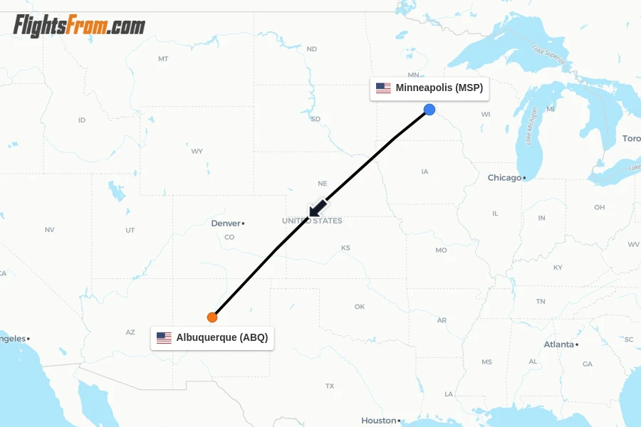 Flights from Minneapolis to Albuquerque route map