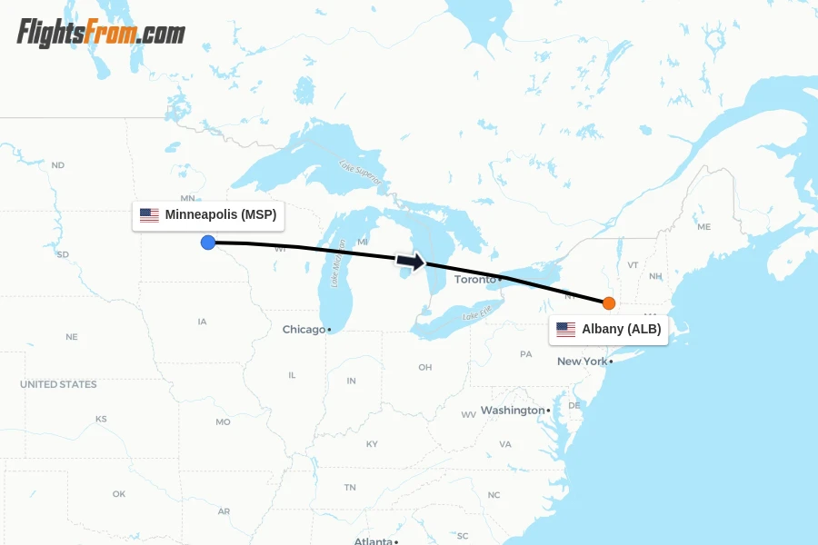 Flights from Minneapolis to Albany route map
