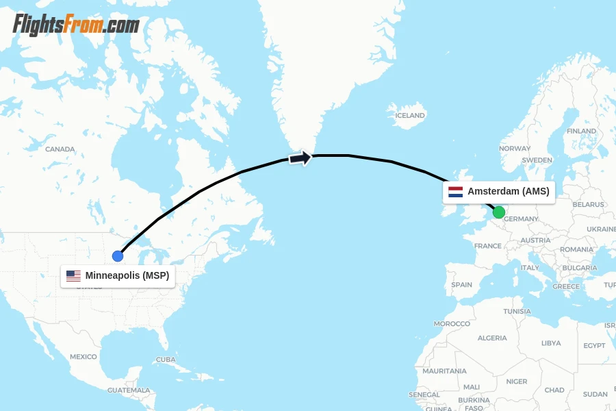 Flights from Minneapolis to Amsterdam route map