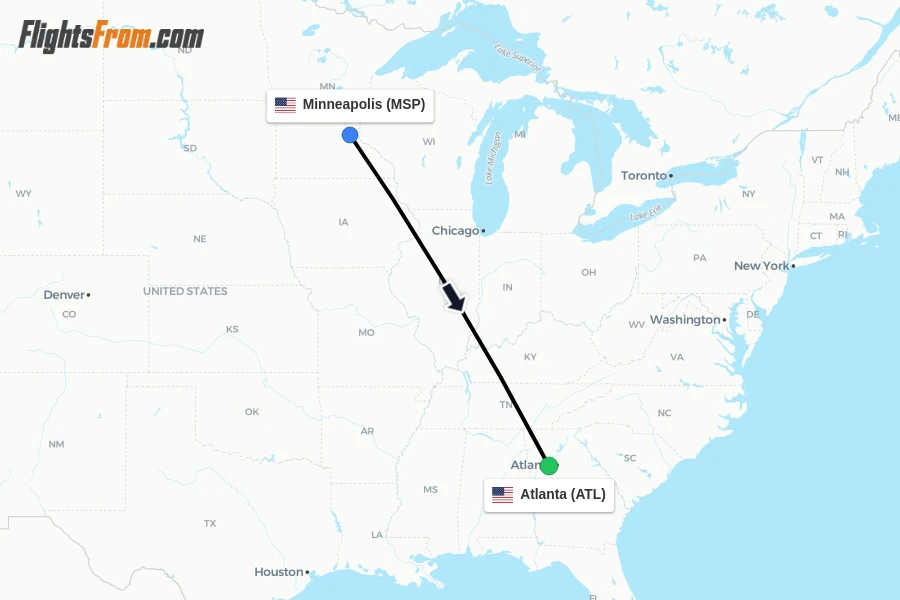 Flights from Minneapolis to Atlanta route map