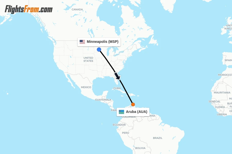 Flights from Minneapolis to Aruba route map