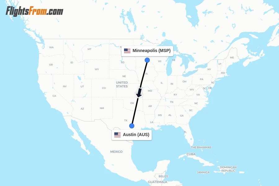Flights from Minneapolis to Austin route map