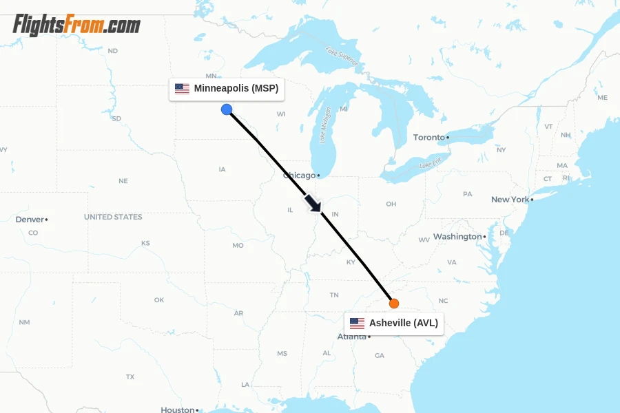 Flights from Minneapolis to Asheville route map