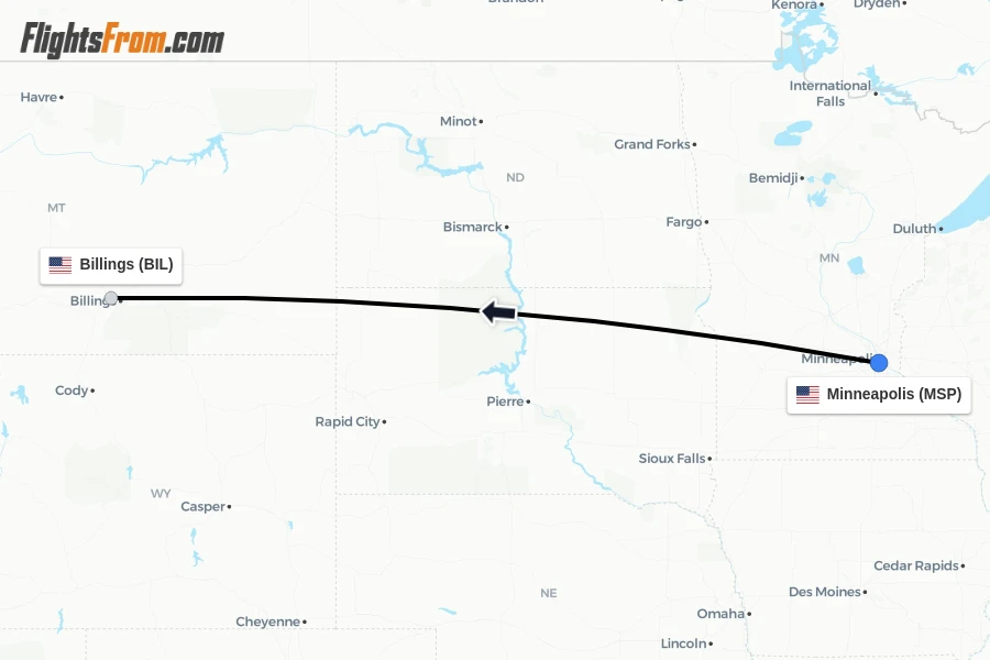 Flights from Minneapolis to Billings route map