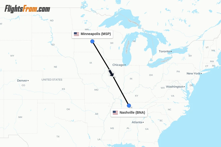 Flights from Minneapolis to Nashville route map