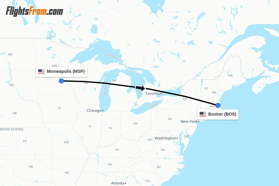 Flights from Minneapolis to Boston route map