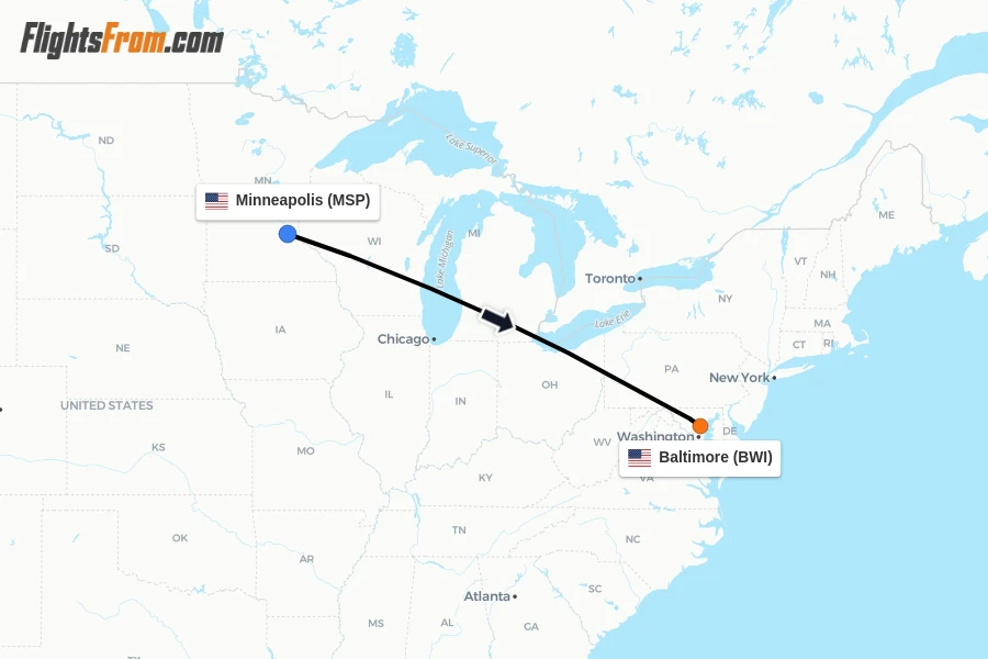 Flights from Minneapolis to Baltimore route map