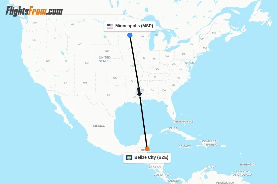 Flights from Minneapolis to Belize City route map
