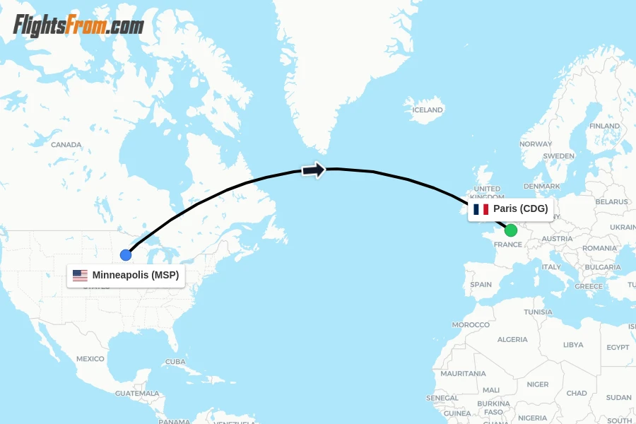 Flights from Minneapolis to Paris route map