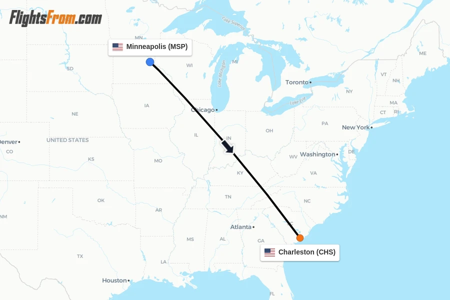 Flights from Minneapolis to Charleston route map