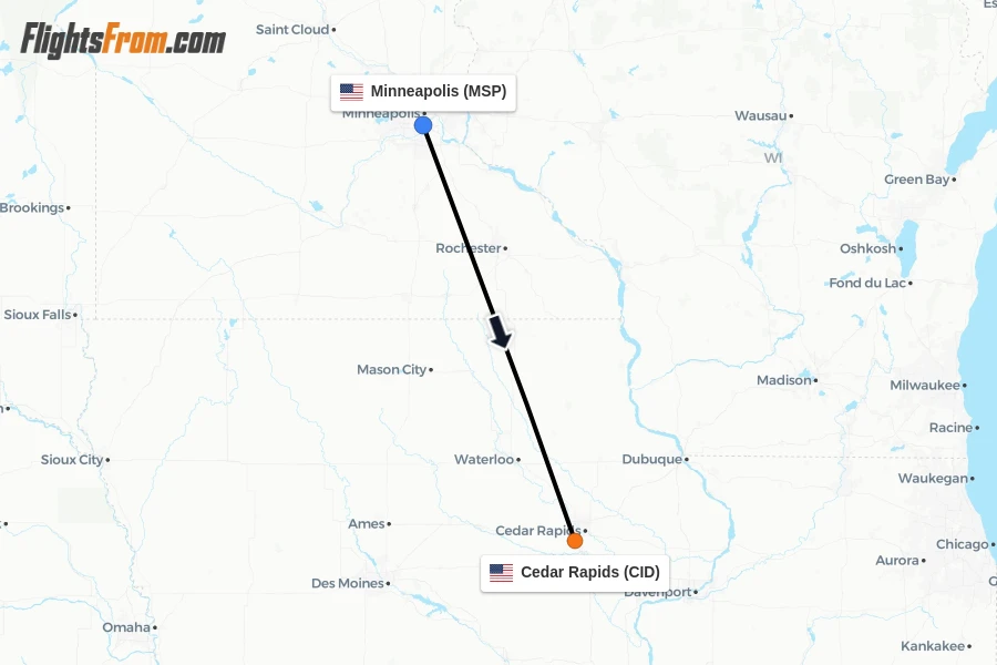 Flights from Minneapolis to Cedar Rapids route map