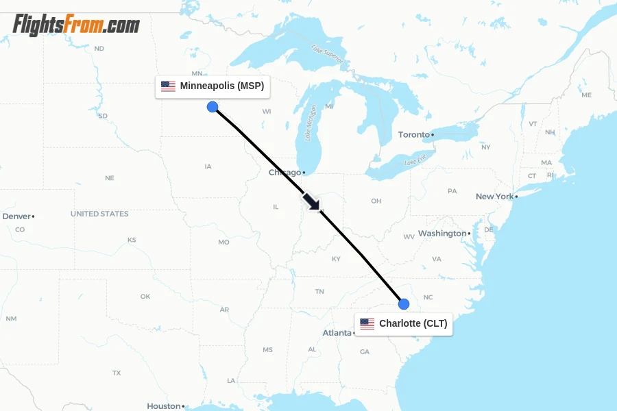 Flights from Minneapolis to Charlotte route map