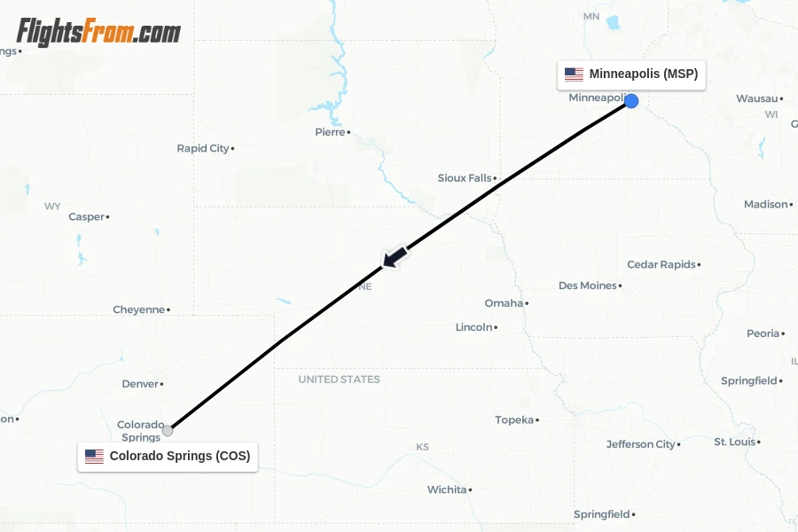Flights from Minneapolis to Colorado Springs route map