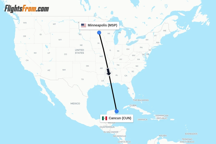 Flights from Minneapolis to Cancun route map