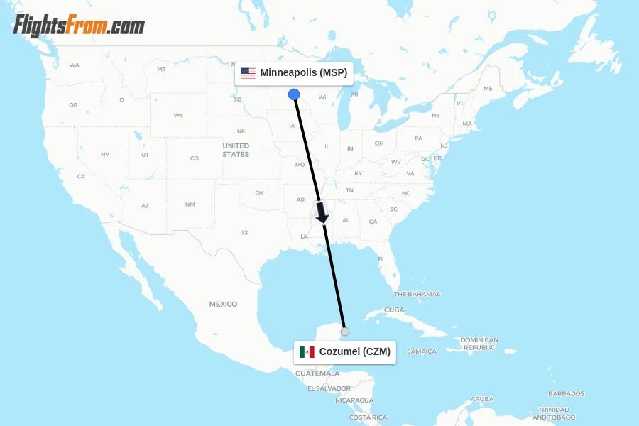 Flights from Minneapolis to Cozumel route map