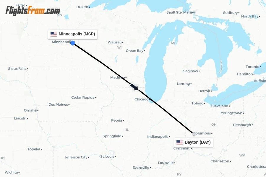 Flights from Minneapolis to Dayton route map