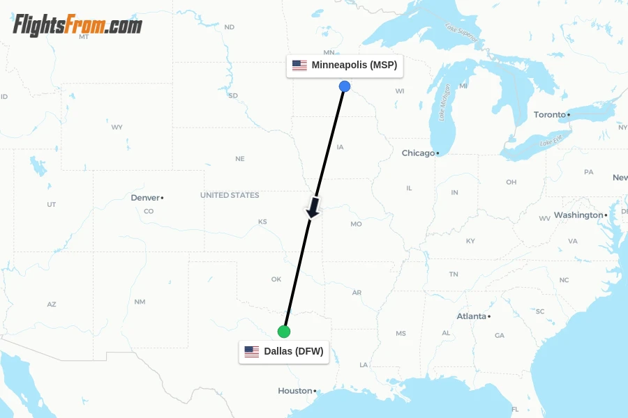 Flights from Minneapolis to Dallas route map