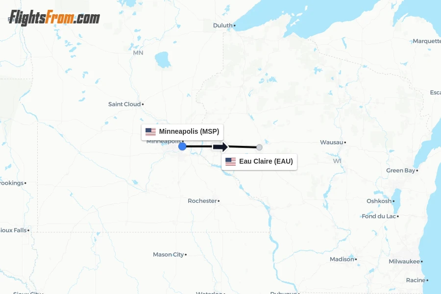 Flights from Minneapolis to Eau Claire route map