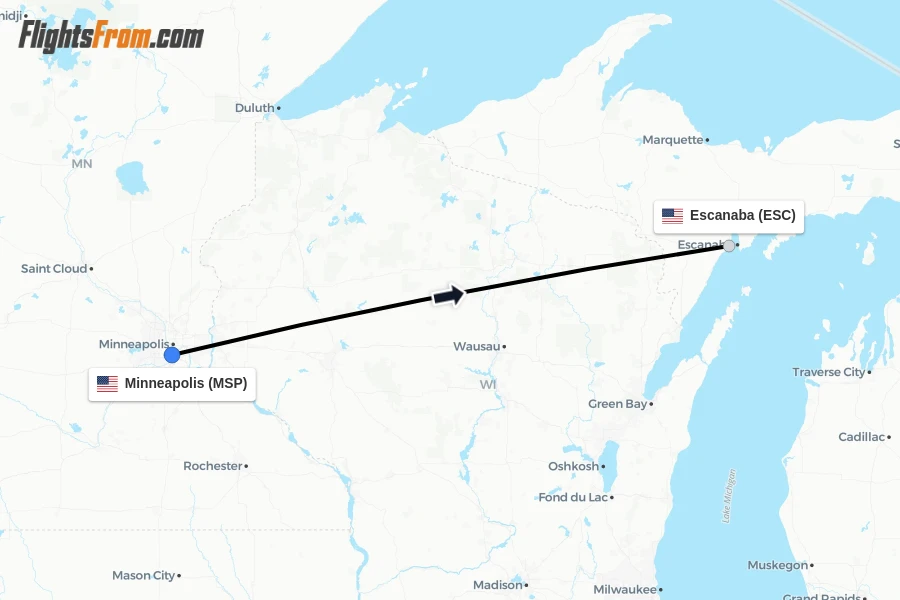 Flights from Minneapolis to Escanaba route map