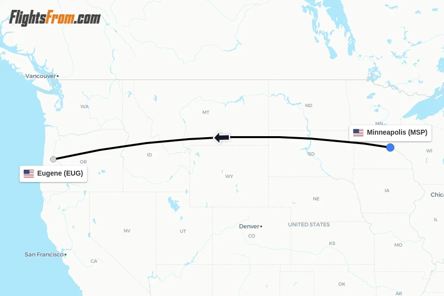 Flights from Minneapolis to Eugene route map