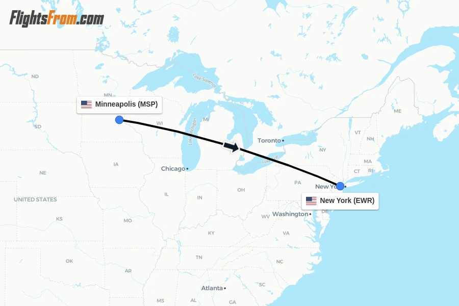 Flights from Minneapolis to New York route map