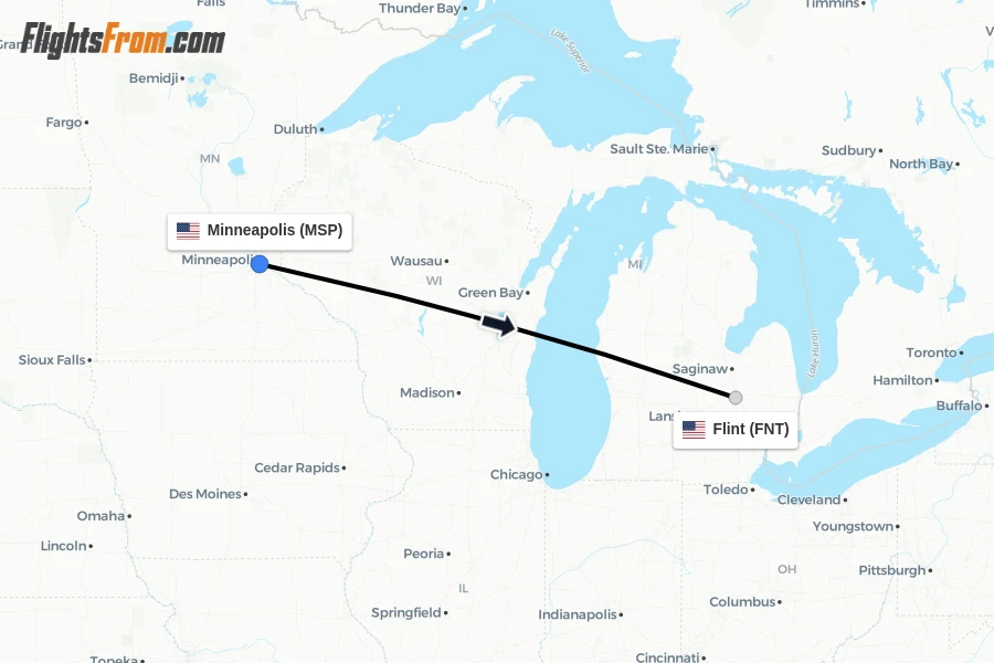 Flights from Minneapolis to Flint route map