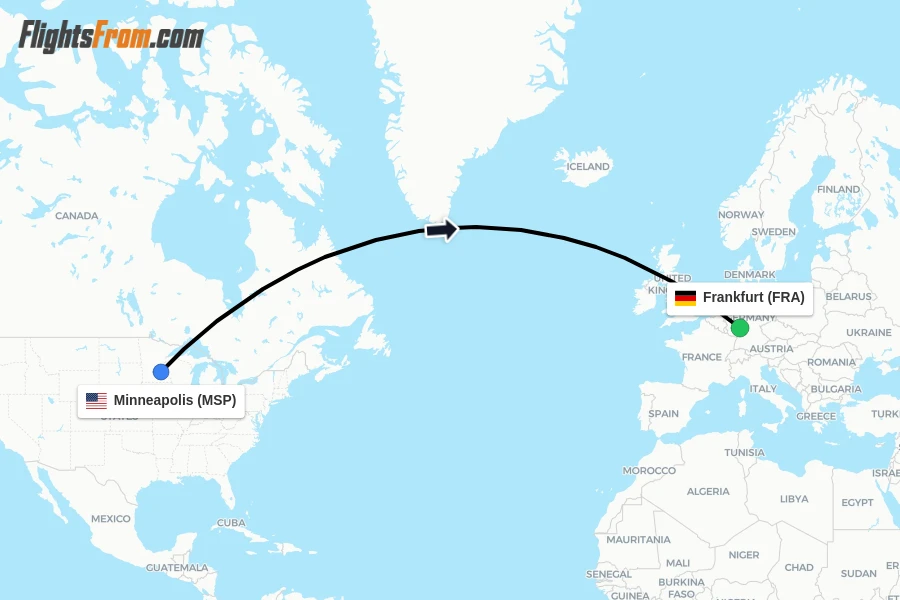 Flights from Minneapolis to Frankfurt route map