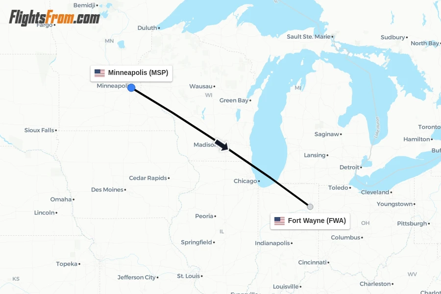 Flights from Minneapolis to Fort Wayne route map
