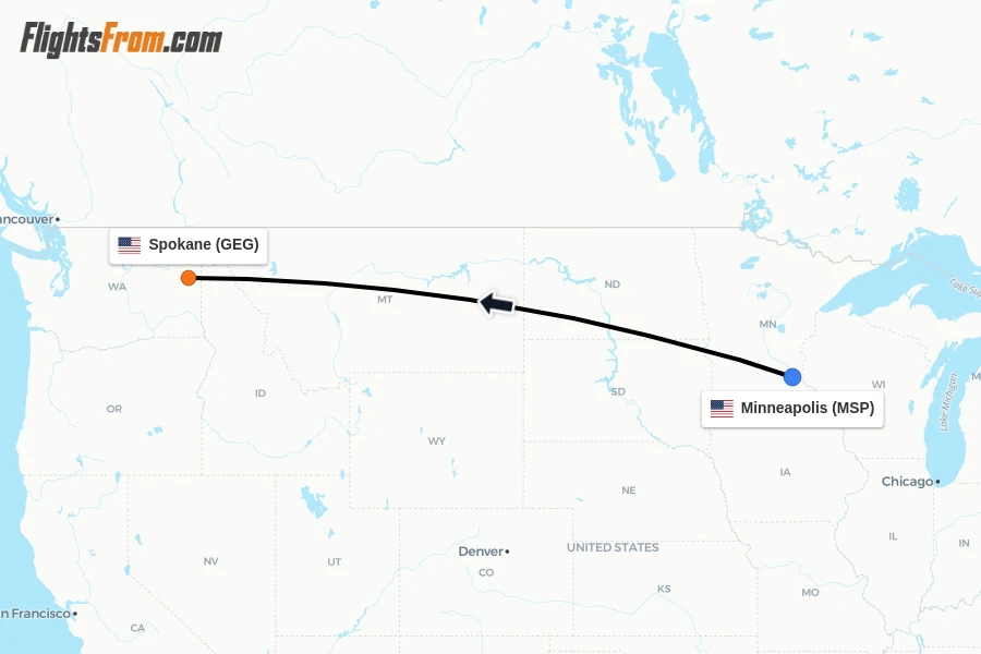 Flights from Minneapolis to Spokane route map