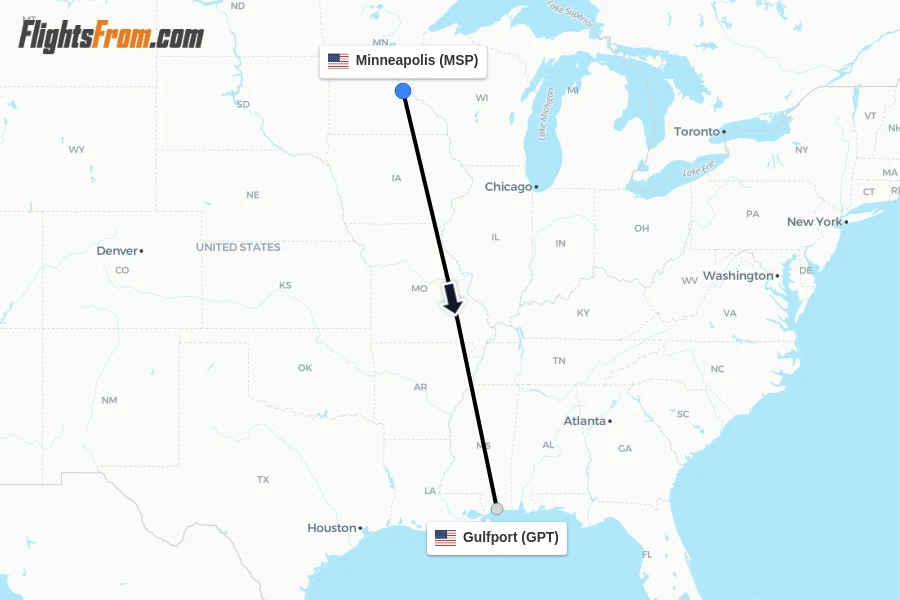 Flights from Minneapolis to Gulfport route map