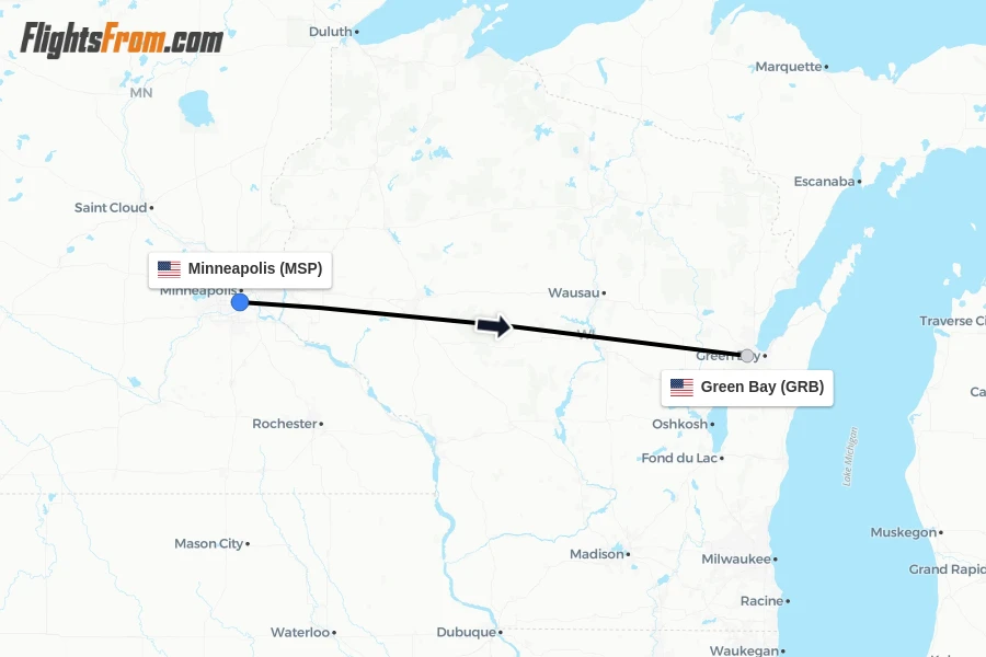 Flights from Minneapolis to Green Bay route map