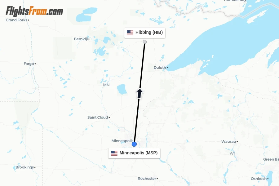Flights from Minneapolis to Hibbing route map