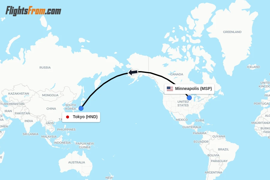 Flights from Minneapolis to Tokyo route map
