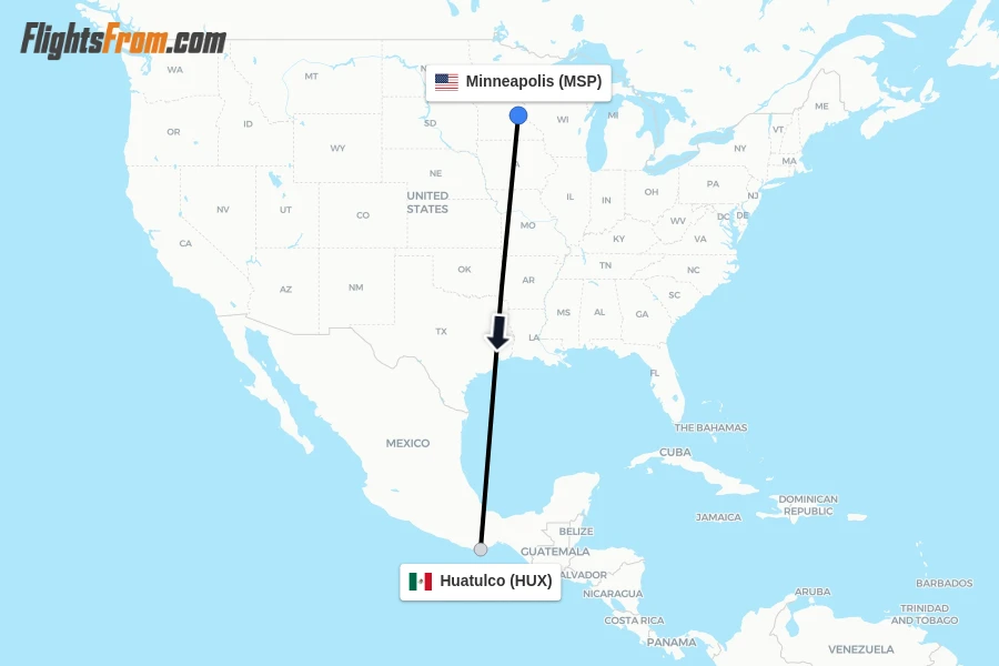 Flights from Minneapolis to Huatulco route map