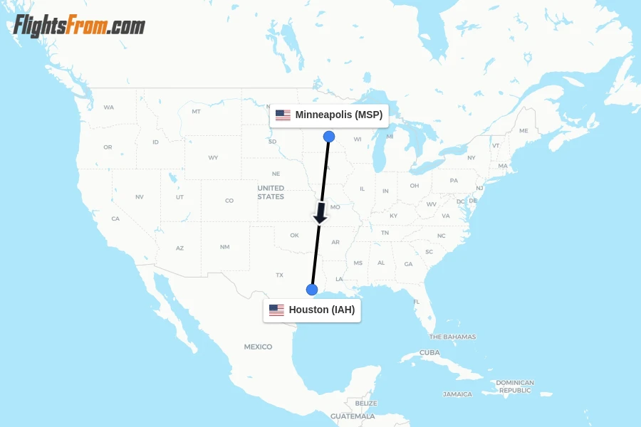Flights from Minneapolis to Houston route map