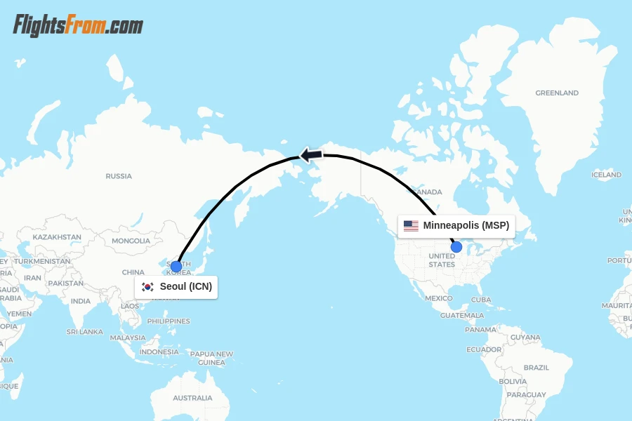 Flights from Minneapolis to Seoul route map