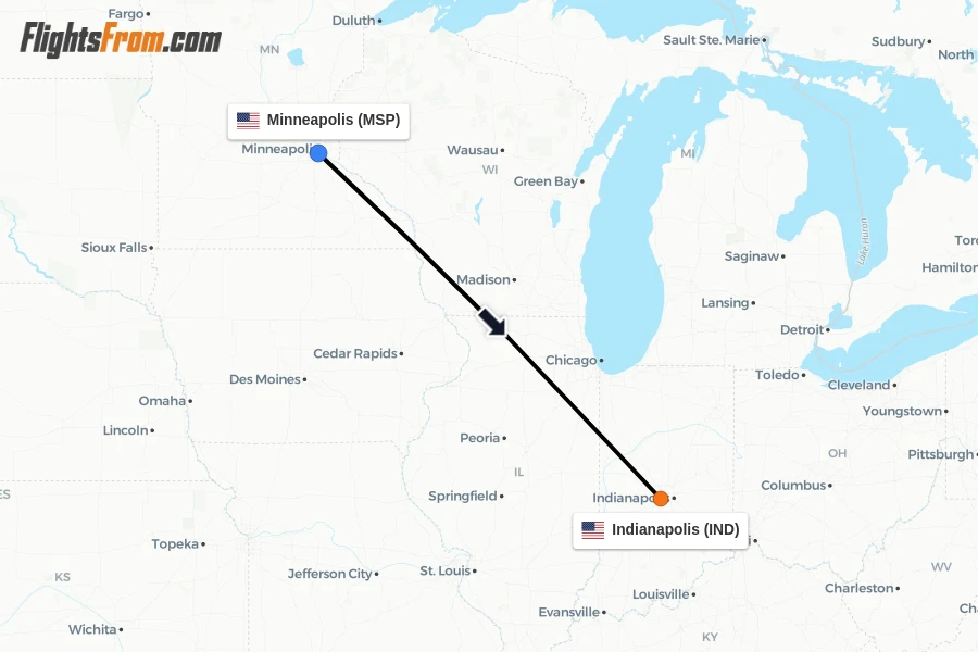 Flights from Minneapolis to Indianapolis route map