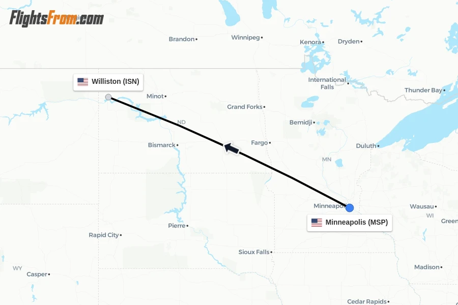 Flights from Minneapolis to Williston route map
