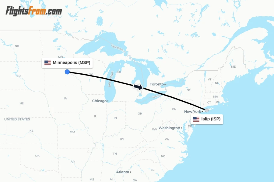 Flights from Minneapolis to Islip route map
