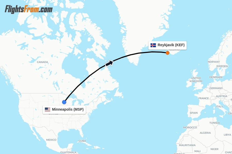 Flights from Minneapolis to Reykjavik route map