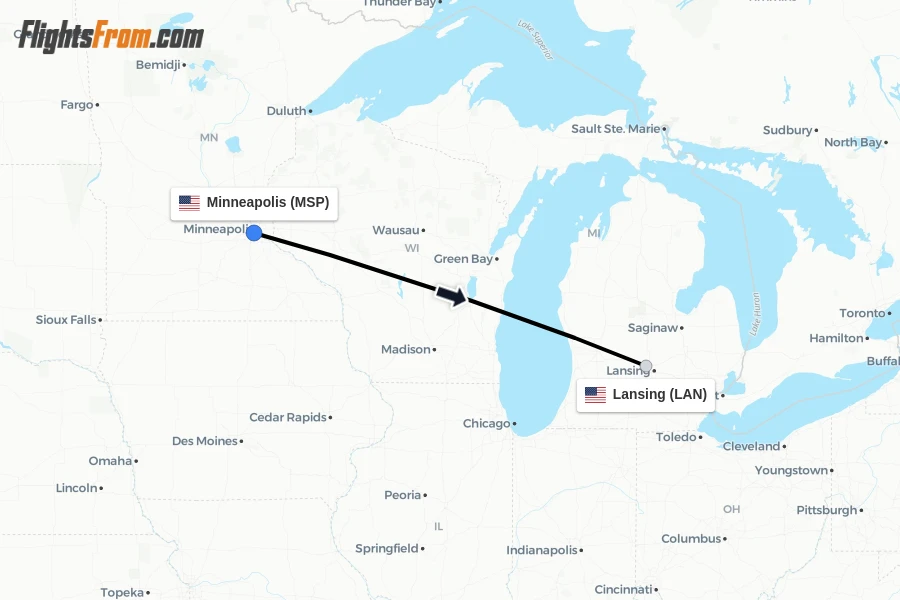 Flights from Minneapolis to Lansing route map
