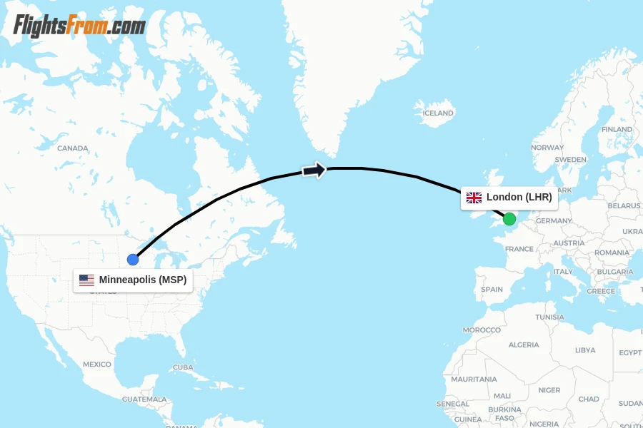 Flights from Minneapolis to London route map