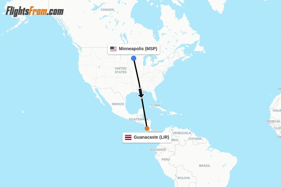 Flights from Minneapolis to Guanacaste route map