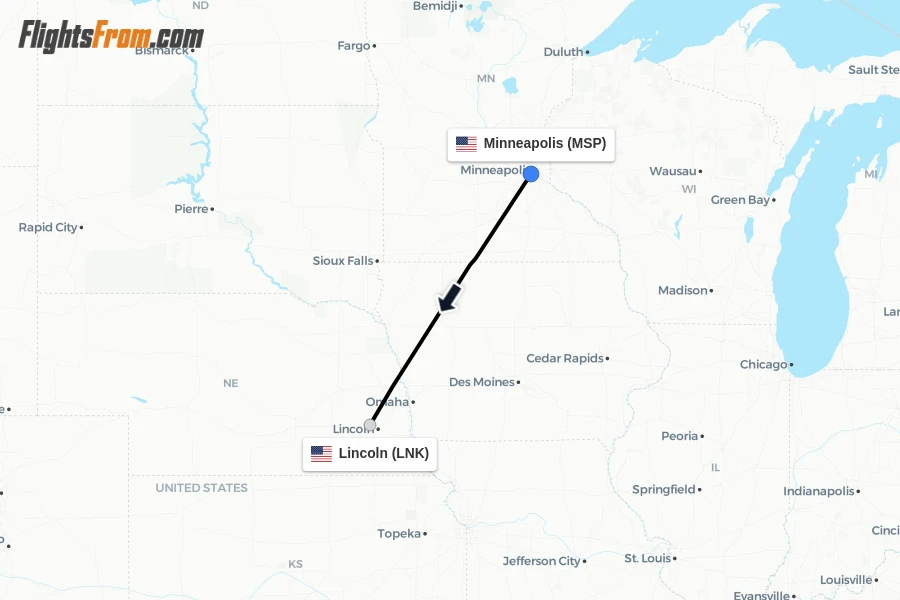 Flights from Minneapolis to Lincoln route map