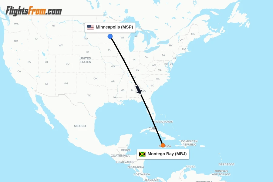 Flights from Minneapolis to Montego Bay route map