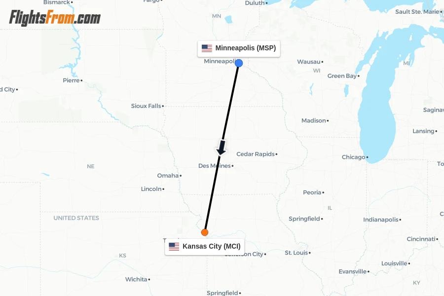 Flights from Minneapolis to Kansas City route map