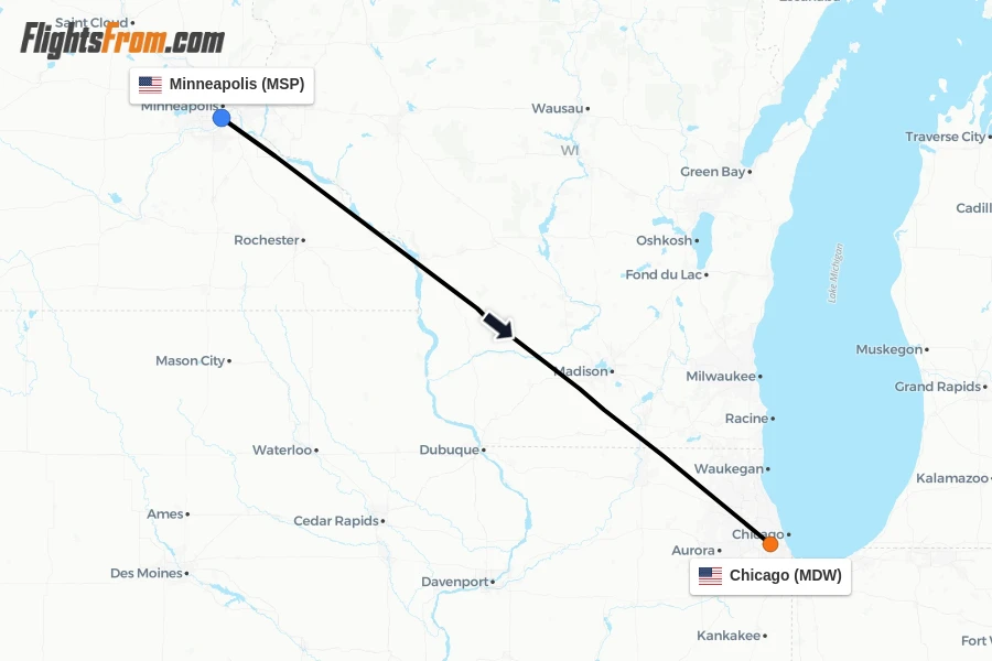 Flights from Minneapolis to Chicago route map