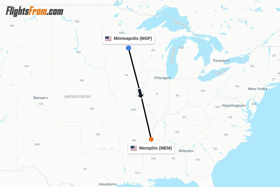 Flights from Minneapolis to Memphis route map